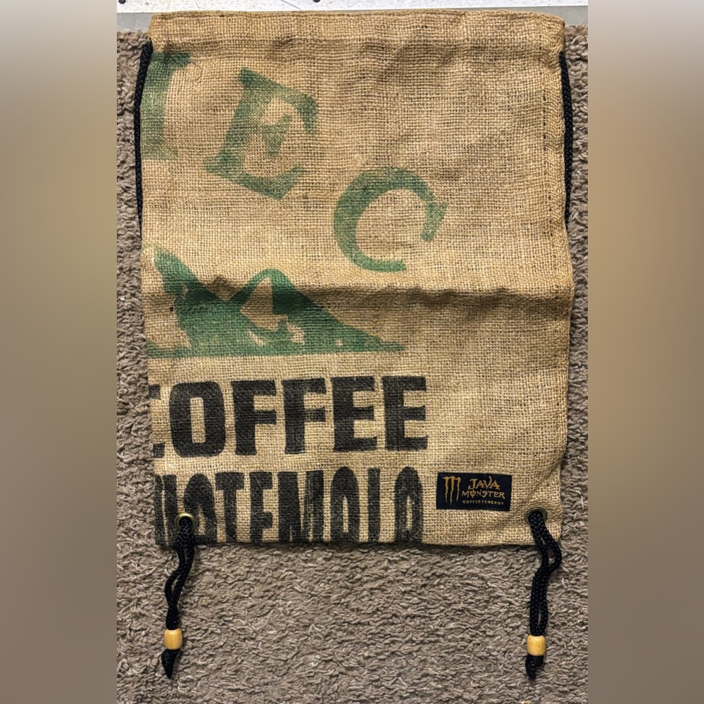 Java Monster repurposed burlap coffee bean cinch bag from Guatemala Brand New